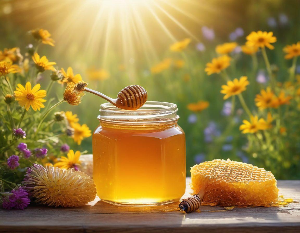 A jar of premium raw honey surrounded by vibrant wildflowers and honeycombs, with golden sunlight streaming down, symbolizing the happiness and health benefits of honey. Include bees gently hovering around, and a spoon dipping into the honey, showcasing its rich texture. The background should be a serene outdoor setting, evoking a sense of bliss and tranquility. super-realistic. vibrant colors. soft focus.