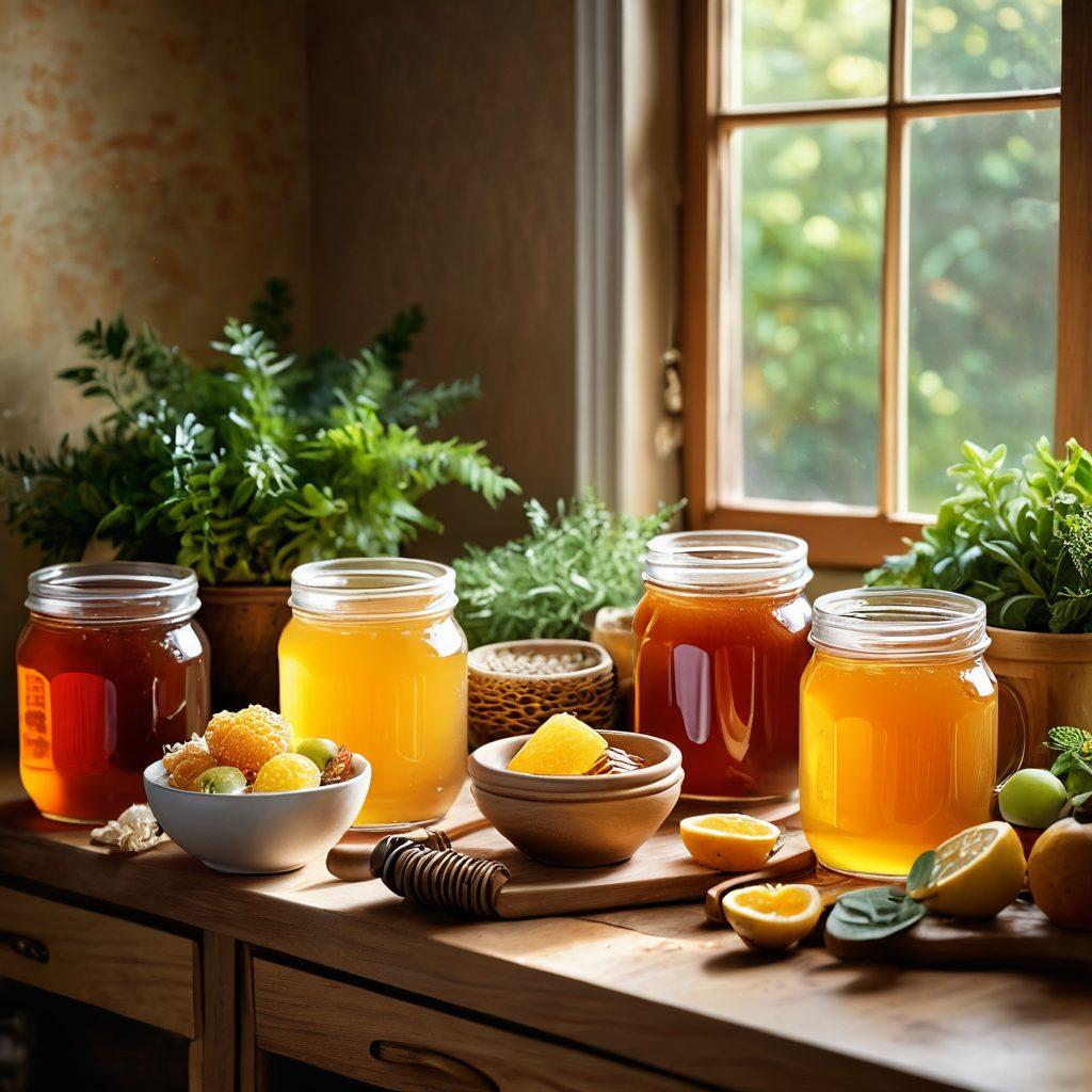 A warm, inviting kitchen scene featuring jars of organic honey with honeycombs, fresh fruits, and herbs surrounding them. Soft sunlight streaming through the window enhances the natural ambiance. A wooden spoon drips honey gracefully into a cup of herbal tea, symbolizing comfort and wellness. Include lush greenery in the background to emphasize the organic theme. super-realistic. vibrant colors. warm tones.