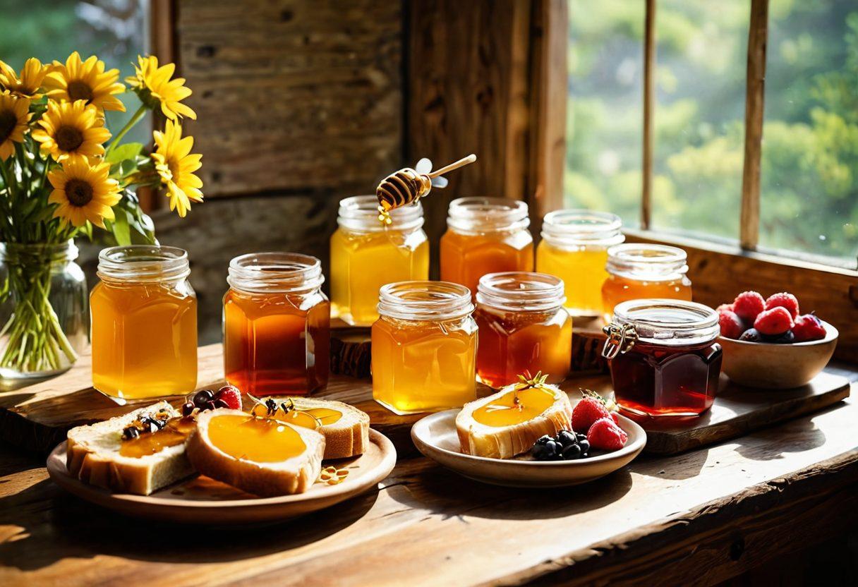 A colorful, enticing spread of various honey dishes, including dripping honey on a golden toast, honey-infused desserts, and vibrant fruits, all arranged on a rustic wooden table. Soft sunlight filters through a window, illuminating the honey jars and creating a warm, inviting atmosphere. Incorporate elements of nature, like bees and wildflowers, to emphasize the organic aspect of honey. super-realistic. warm tones. natural light.